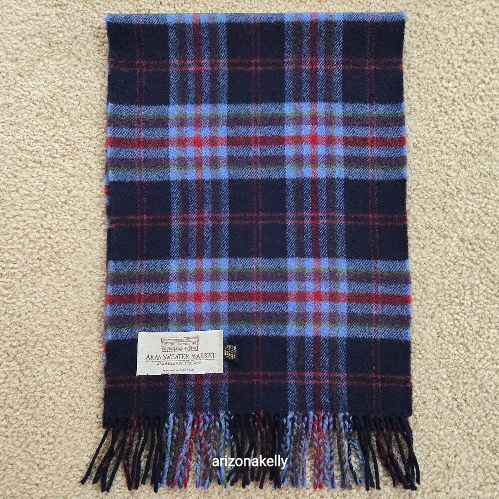 Aran Sweater Market Extra Fine Merino Wool Blue Plaid Scarf